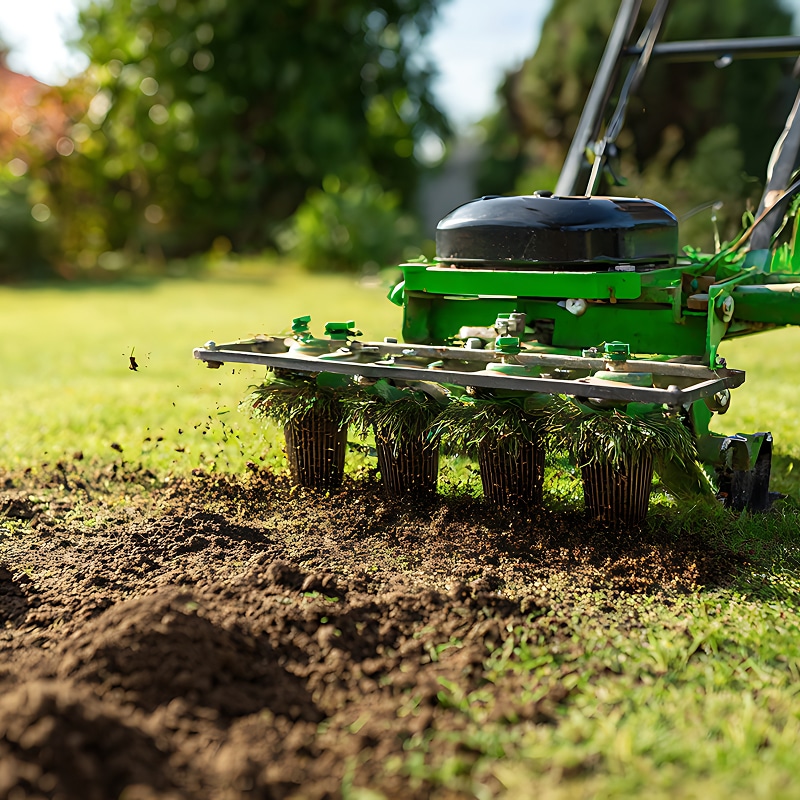 Plantation de Gazon Mécanisée : Semis de Turfs en Jardin Machine agricole verte plantant du gazon par godets de racines dans un sol labouré, travail de semis en extérieur.