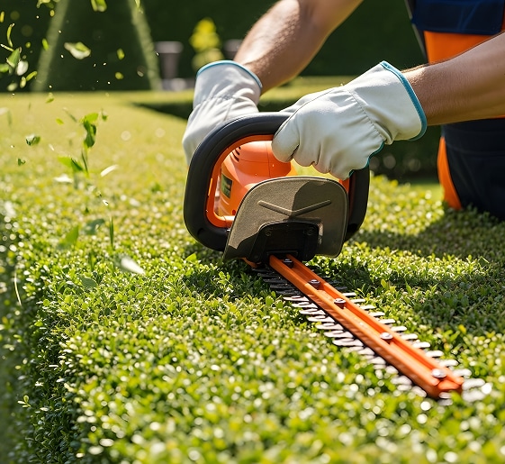 Taille de Haie Manuelle : Outil et Technique Efficace Un jardinier avec des gants taille une haie verte et dense avec un taille-haie électrique orange, projetant des débris végétaux.