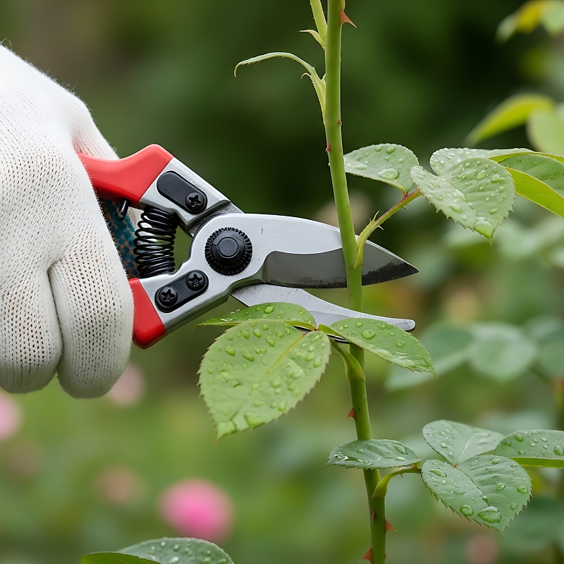 Taille de rosiers : couper une tige avec sécateur Main gantée coupant une tige de rosier épineuse avec un sécateur, feuilles vertes couvertes de gouttelettes d'eau.